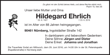 Traueranzeige von Hildegard Ehrlich von Gesamtausgabe Nürnberger Nachrichten/ Nürnberger Ztg.