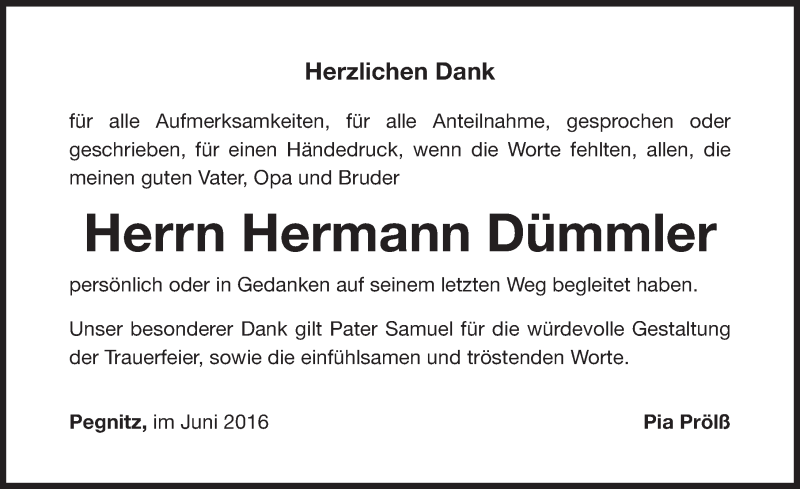  Traueranzeige für Hermann Dümmler vom 11.06.2016 aus Nordbayerische Nachrichten Pegnitz Lokal