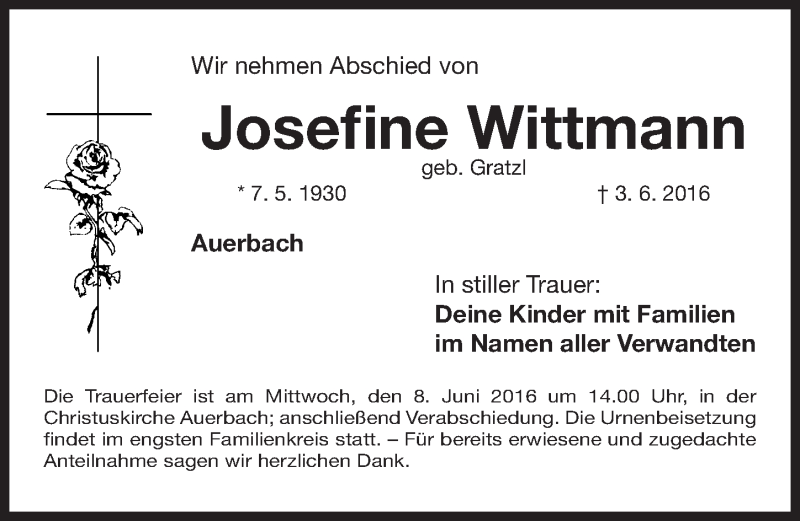  Traueranzeige für Josefine Wittmann vom 06.06.2016 aus Nordbayerische Nachrichten Pegnitz Lokal