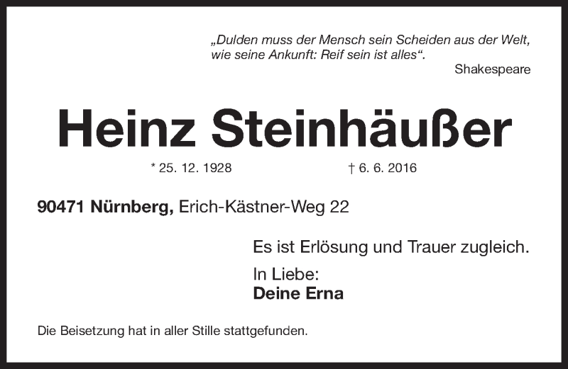  Traueranzeige für Heinz Steinhäußer vom 11.06.2016 aus Gesamtausgabe Nürnberger Nachrichten/ Nürnberger Ztg.