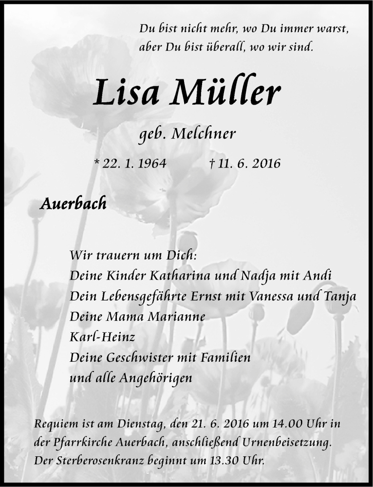  Traueranzeige für Lisa Müller vom 15.06.2016 aus Nordbayerische Nachrichten Pegnitz Lokal