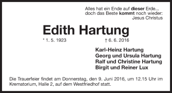 Traueranzeige von Edith Hartung von Gesamtausgabe Nürnberger Nachrichten/ Nürnberger Ztg.
