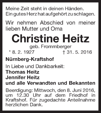 Traueranzeige von Christine Heitz von Gesamtausgabe Nürnberger Nachrichten/ Nürnberger Ztg.