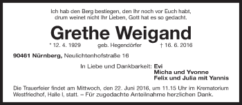 Traueranzeige von Grethe Weigand von  Gesamtausgabe Nürnberger Nachrichten / Nürnberger Ztg.