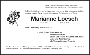 Traueranzeige von Marianne Loesch von Gesamtausgabe Nürnberger Nachrichten/ Nürnberger Ztg.