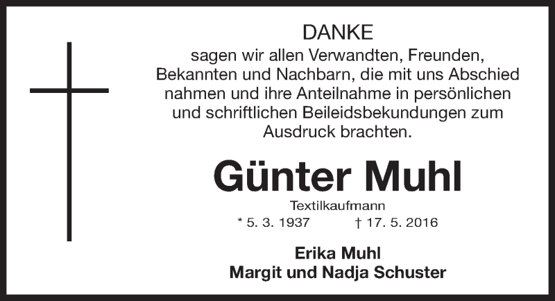  Traueranzeige für Günter Muhl vom 18.06.2016 aus Gesamtausgabe Nürnberger Nachrichten/ Nürnberger Ztg.