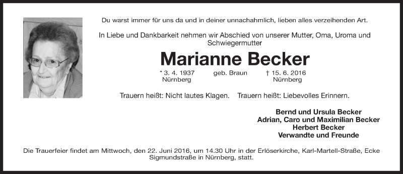  Traueranzeige für Marianne Becker vom 20.06.2016 aus Gesamtausgabe Nürnberger Nachrichten/ Nürnberger Ztg.
