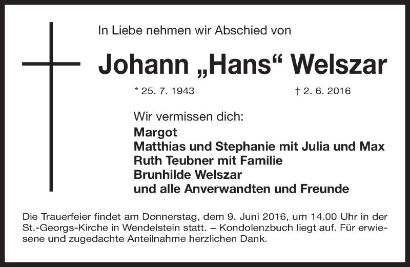  Traueranzeige für Johann Welszar vom 04.06.2016 aus Gesamtausgabe Nürnberger Nachrichten/ Nürnberger Ztg.