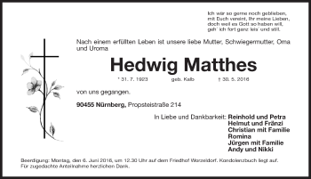 Traueranzeige von Hedwig Matthes von Gesamtausgabe Nürnberger Nachrichten/ Nürnberger Ztg.