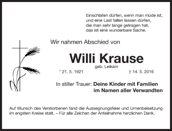Traueranzeige von Willi Krause von Erlanger Nachrichten Lokal
