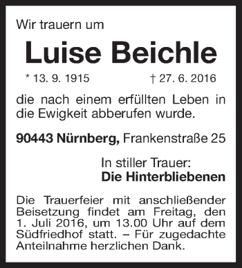 Traueranzeige von Luise Beichle von Gesamtausgabe Nürnberger Nachrichten/ Nürnberger Ztg.