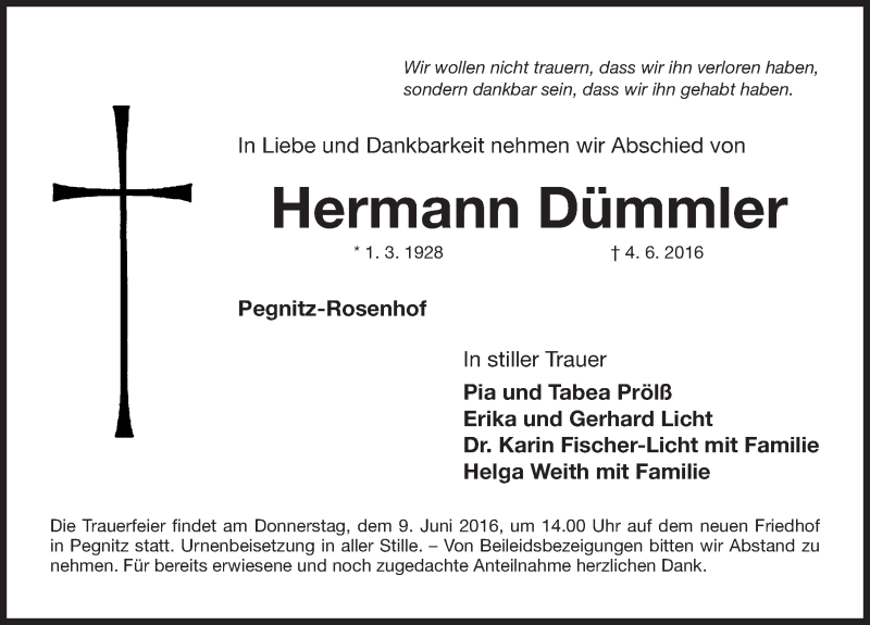  Traueranzeige für Hermann Dümmler vom 08.06.2016 aus Nordbayerische Nachrichten Pegnitz Lokal