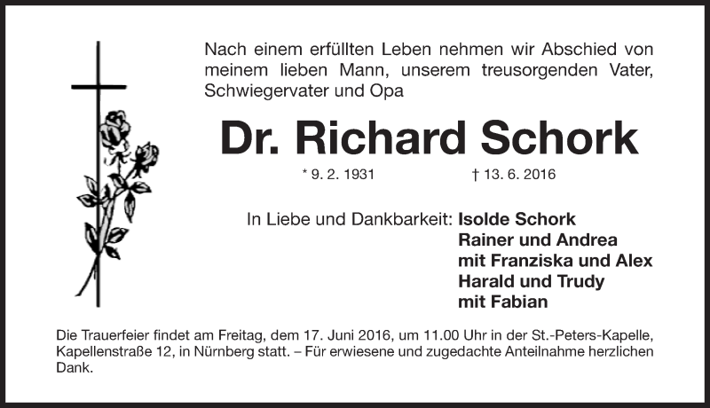  Traueranzeige für Richard Schork vom 15.06.2016 aus Gesamtausgabe Nürnberger Nachrichten/ Nürnberger Ztg.