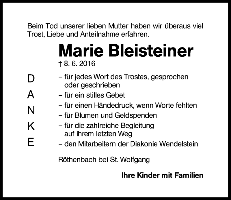  Traueranzeige für Marie Bleisteiner vom 18.06.2016 aus Schwabach