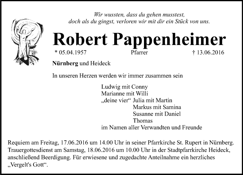  Traueranzeige für Robert Pappenheimer vom 15.06.2016 aus Gesamtausgabe Nürnberger Nachrichten/ Nürnberger Ztg.