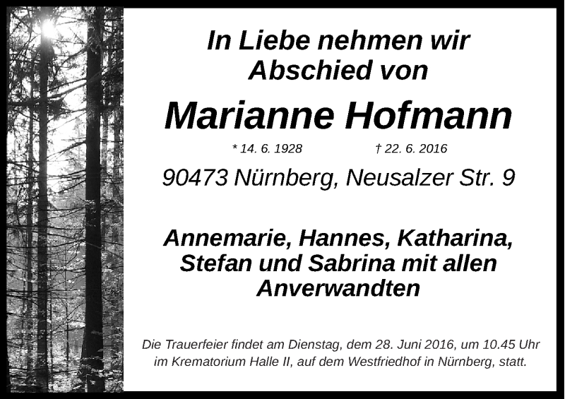  Traueranzeige für Marianne Hofmann vom 25.06.2016 aus Gesamtausgabe Nürnberger Nachrichten/ Nürnberger Ztg.