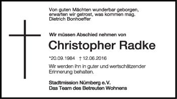 Traueranzeige von Christopher Radke von Gesamtausgabe Nürnberger Nachrichten/ Nürnberger Ztg.