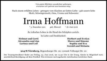 Traueranzeige von Irma Hoffmann von Gesamtausgabe Nürnberger Nachrichten/ Nürnberger Ztg.