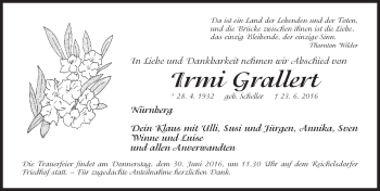Traueranzeige von Irmi Grallert von Gesamtausgabe Nürnberger Nachrichten/ Nürnberger Ztg.