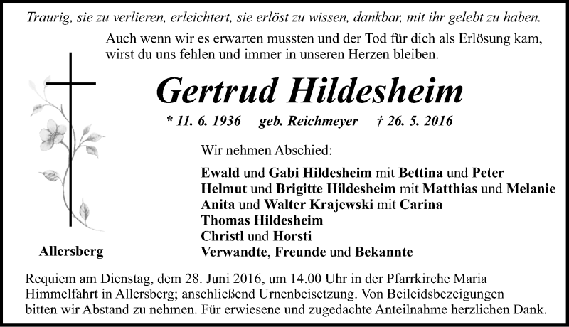  Traueranzeige für Gertrud Hildesheim vom 25.06.2016 aus Roth-Hilpoltsteiner Volkszeitung Lokal