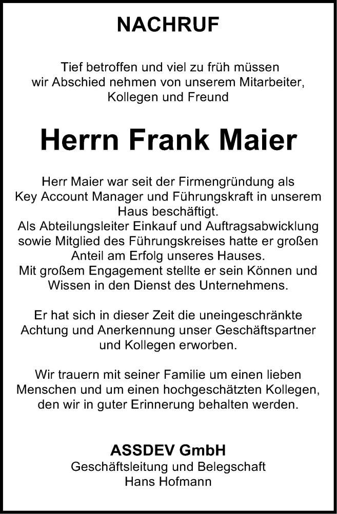  Traueranzeige für Frank Maier vom 04.06.2016 aus Nordbayerische Nachrichten Forchheim Lokal