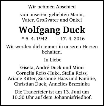 Traueranzeige von Wolfgang Duck von Gesamtausgabe Nürnberger Nachrichten/ Nürnberger Ztg.