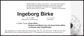 Traueranzeige von Ingeborg Birke von Gesamtausgabe Nürnberger Nachrichten/ Nürnberger Ztg./ Fürther Nachrichten/ Erlanger Nachrichten