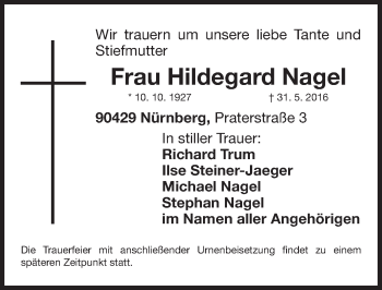 Traueranzeige von Hildegard Nagel von Gesamtausgabe Nürnberger Nachrichten/ Nürnberger Ztg.