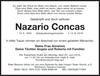 Traueranzeige von Nazario Concas von Gesamtausgabe Nürnberger Nachrichten/ Nürnberger Ztg.