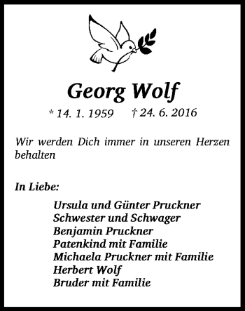 Traueranzeige von Georg Wolf von Gesamtausgabe Nürnberger Nachrichten/ Nürnberger Ztg.