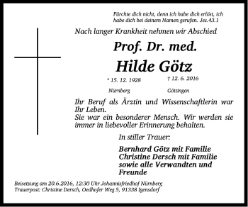 Traueranzeige von Hilde Götz von Gesamtausgabe Nürnberger Nachrichten/ Nürnberger Ztg.