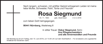 Traueranzeige von Rosa Siegmund von Gesamtausgabe Nürnberger Nachrichten/ Nürnberger Ztg.