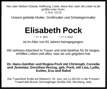 Traueranzeige von Elisabeth Pock von Gesamtausgabe Nürnberger Nachrichten/ Nürnberger Ztg.