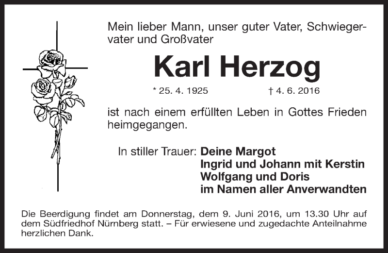  Traueranzeige für Karl Herzog vom 07.06.2016 aus Gesamtausgabe Nürnberger Nachrichten/ Nürnberger Ztg.