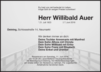 Traueranzeige von Willibald Auer von Neumarkter Nachrichten Lokal