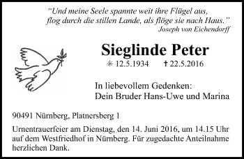 Traueranzeige von Sieglinde Peter von Gesamtausgabe Nürnberger Nachrichten/ Nürnberger Ztg.
