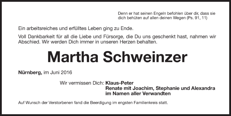  Traueranzeige für Martha Schweinzer vom 11.06.2016 aus Gesamtausgabe Nürnberger Nachrichten/ Nürnberger Ztg.