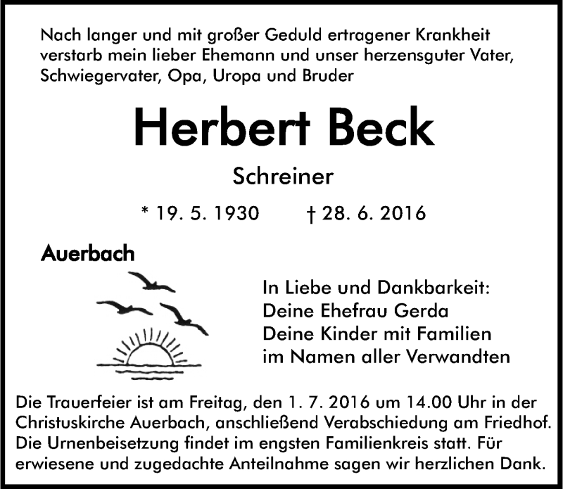  Traueranzeige für Herbert Beck vom 30.06.2016 aus Nordbayerische Nachrichten Pegnitz Lokal
