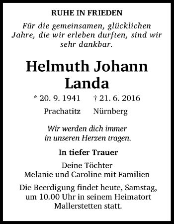 Traueranzeige von Helmuth Johann Landa von Gesamtausgabe Nürnberger Nachrichten/ Nürnberger Ztg.