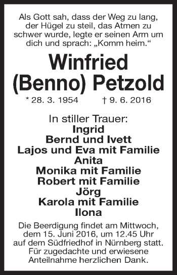 Traueranzeige von Winfried Petzold von Gesamtausgabe Nürnberger Nachrichten/ Nürnberger Ztg.