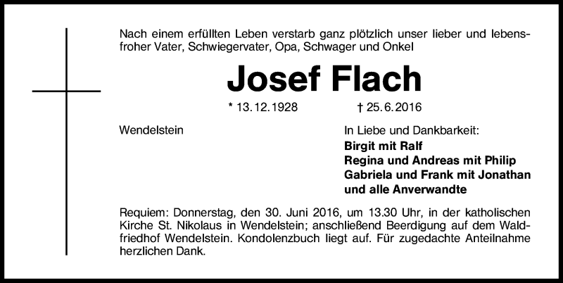  Traueranzeige für Josef Flach vom 28.06.2016 aus Schwabach