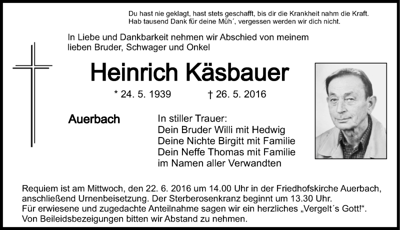  Traueranzeige für Heinrich Käsbauer vom 18.06.2016 aus Nordbayerische Nachrichten Pegnitz Lokal