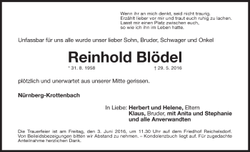 Traueranzeige von Reinhold Blödel von Gesamtausgabe Nürnberger Nachrichten/ Nürnberger Ztg.