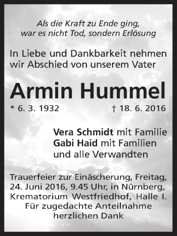 Traueranzeige von Armin Hummel von Gesamtausgabe Nürnberger Nachrichten/ Nürnberger Ztg.