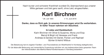 Traueranzeige von Karl Birchner von Gesamtausgabe Nürnberger Nachrichten/ Nürnberger Ztg.