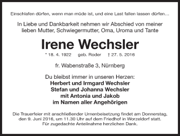 Traueranzeige von Irene Wechsler von Gesamtausgabe Nürnberger Nachrichten/ Nürnberger Ztg.