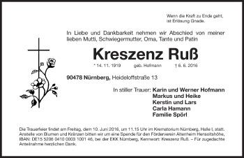 Traueranzeige von Kreszenz Ruß von Gesamtausgabe Nürnberger Nachrichten/ Nürnberger Ztg.