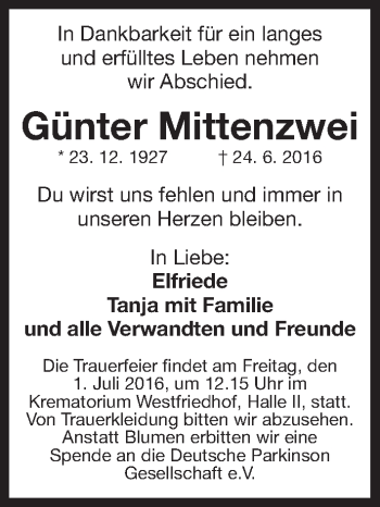 Traueranzeige von Günter Mittenzwei von Gesamtausgabe Nürnberger Nachrichten/ Nürnberger Ztg.