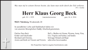 Traueranzeige von Klaus Georg Beck von Gesamtausgabe Nürnberger Nachrichten/ Nürnberger Ztg.