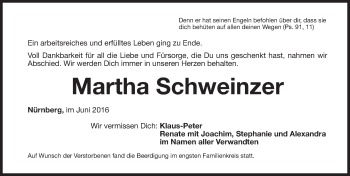 Traueranzeige von Martha Schweinzer von Gesamtausgabe Nürnberger Nachrichten/ Nürnberger Ztg.